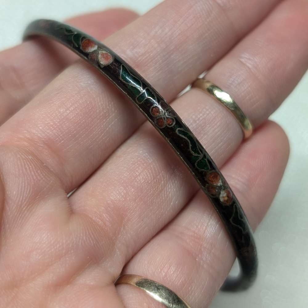Floral Blue Enamel Bangle Bracelet Gold Brass Cloisonne